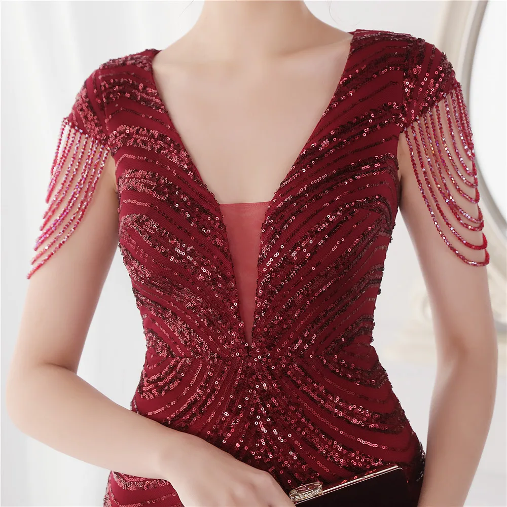 DEERVEADO Elegant V Neck Mermaid Evening Dress Long Luxury Beads Women Prom Party Dresses Formal Occasion Dress 19085