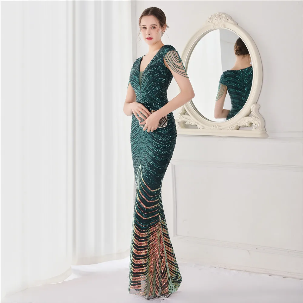 DEERVEADO Elegant V Neck Mermaid Evening Dress Long Luxury Beads Women Prom Party Dresses Formal Occasion Dress 19085