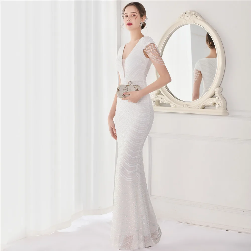 DEERVEADO Elegant V Neck Mermaid Evening Dress Long Luxury Beads Women Prom Party Dresses Formal Occasion Dress 19085