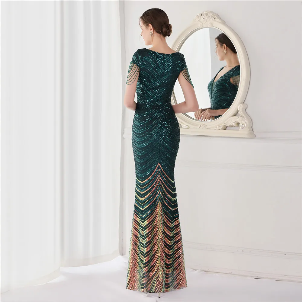 DEERVEADO Elegant V Neck Mermaid Evening Dress Long Luxury Beads Women Prom Party Dresses Formal Occasion Dress 19085