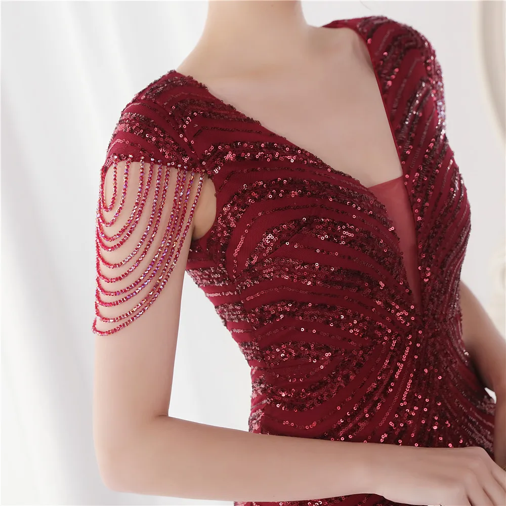 DEERVEADO Elegant V Neck Mermaid Evening Dress Long Luxury Beads Women Prom Party Dresses Formal Occasion Dress 19085