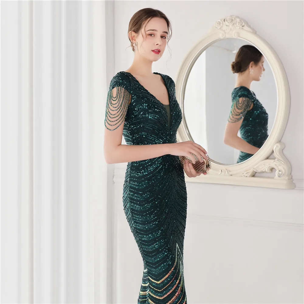 DEERVEADO Elegant V Neck Mermaid Evening Dress Long Luxury Beads Women Prom Party Dresses Formal Occasion Dress 19085