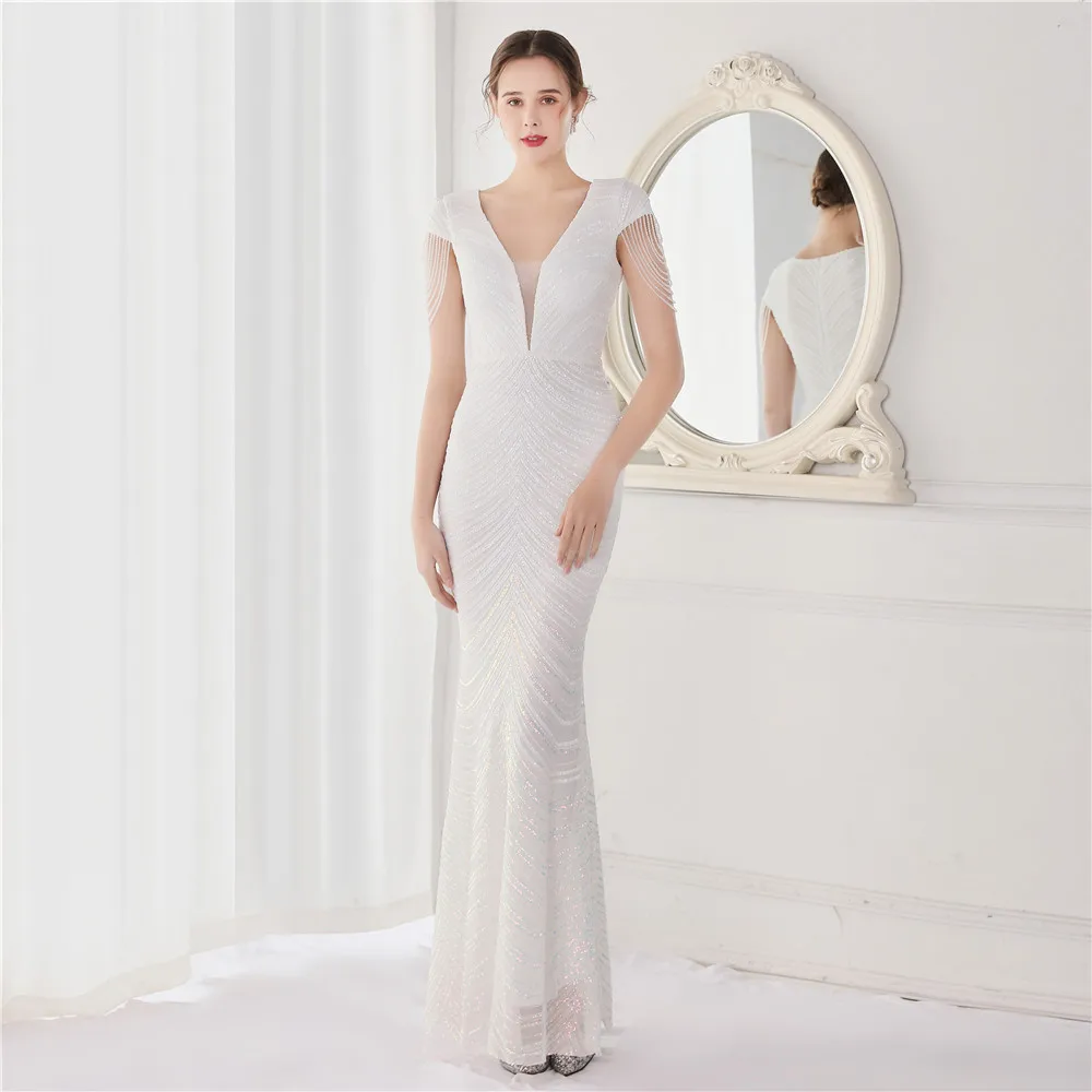 DEERVEADO Elegant V Neck Mermaid Evening Dress Long Luxury Beads Women Prom Party Dresses Formal Occasion Dress 19085