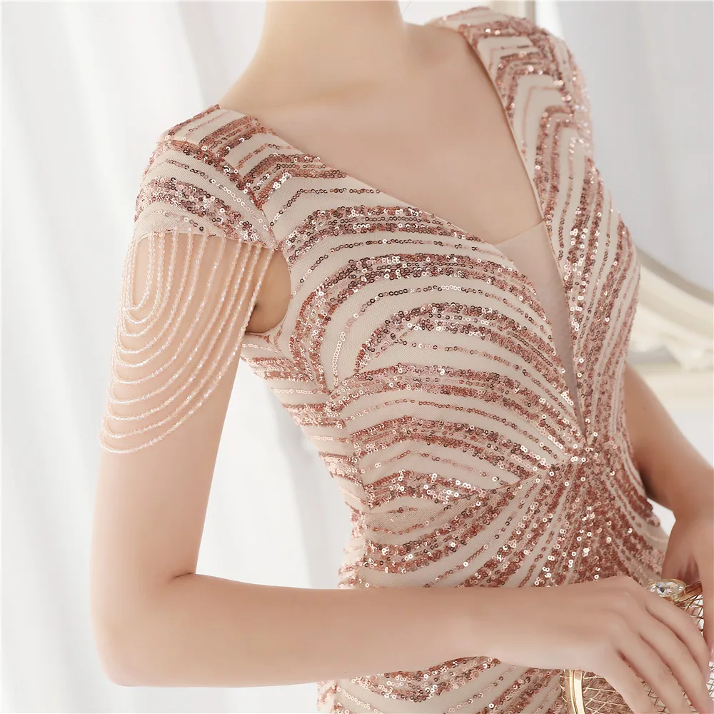 DEERVEADO Elegant V Neck Mermaid Evening Dress Long Luxury Beads Women Prom Party Dresses Formal Occasion Dress 19085