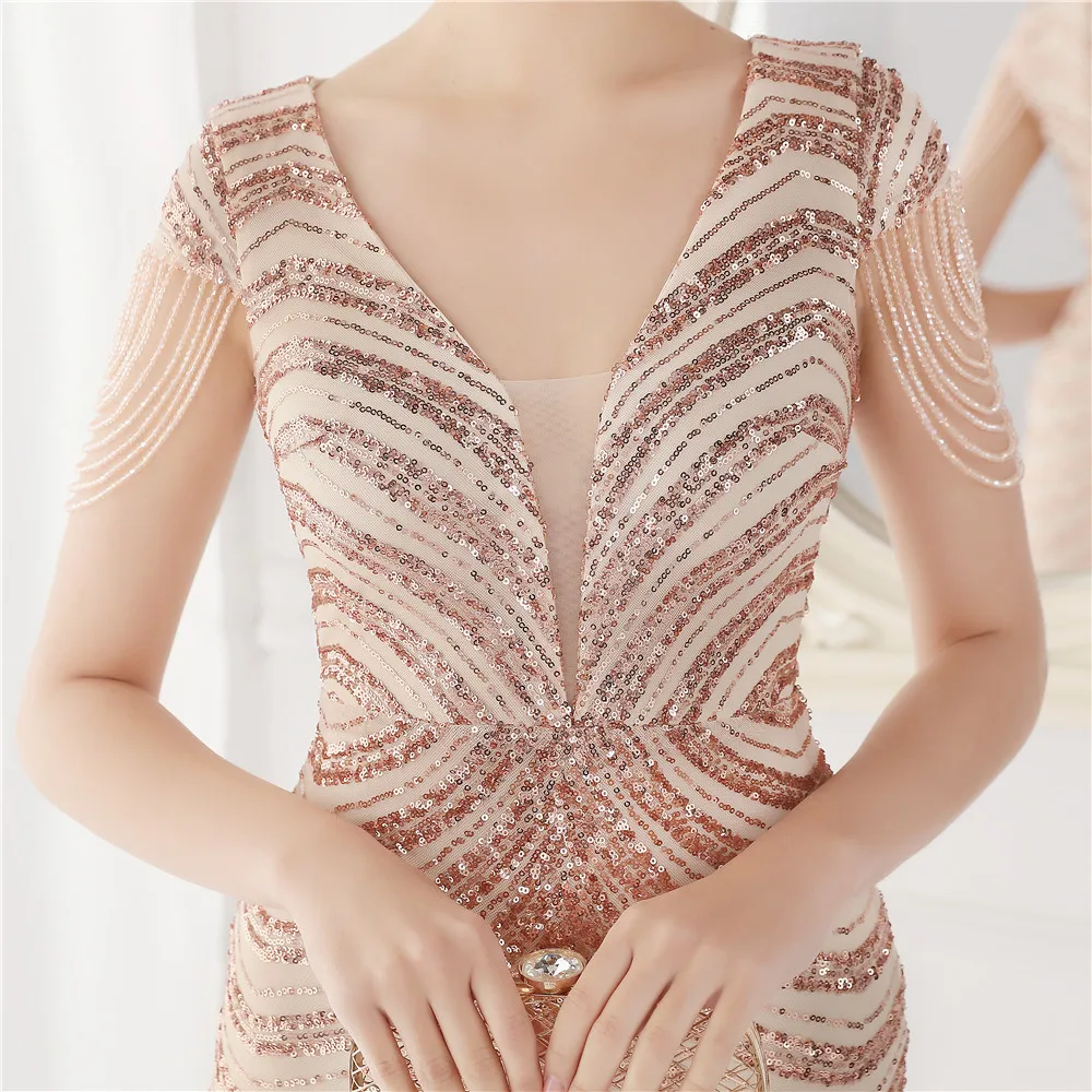 DEERVEADO Elegant V Neck Mermaid Evening Dress Long Luxury Beads Women Prom Party Dresses Formal Occasion Dress 19085