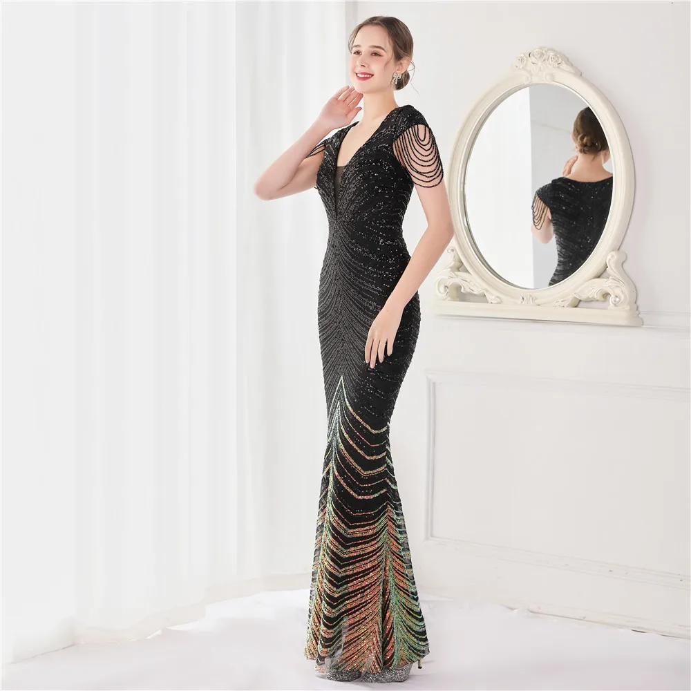 DEERVEADO Elegant V Neck Mermaid Evening Dress Long Luxury Beads Women Prom Party Dresses Formal Occasion Dress 19085