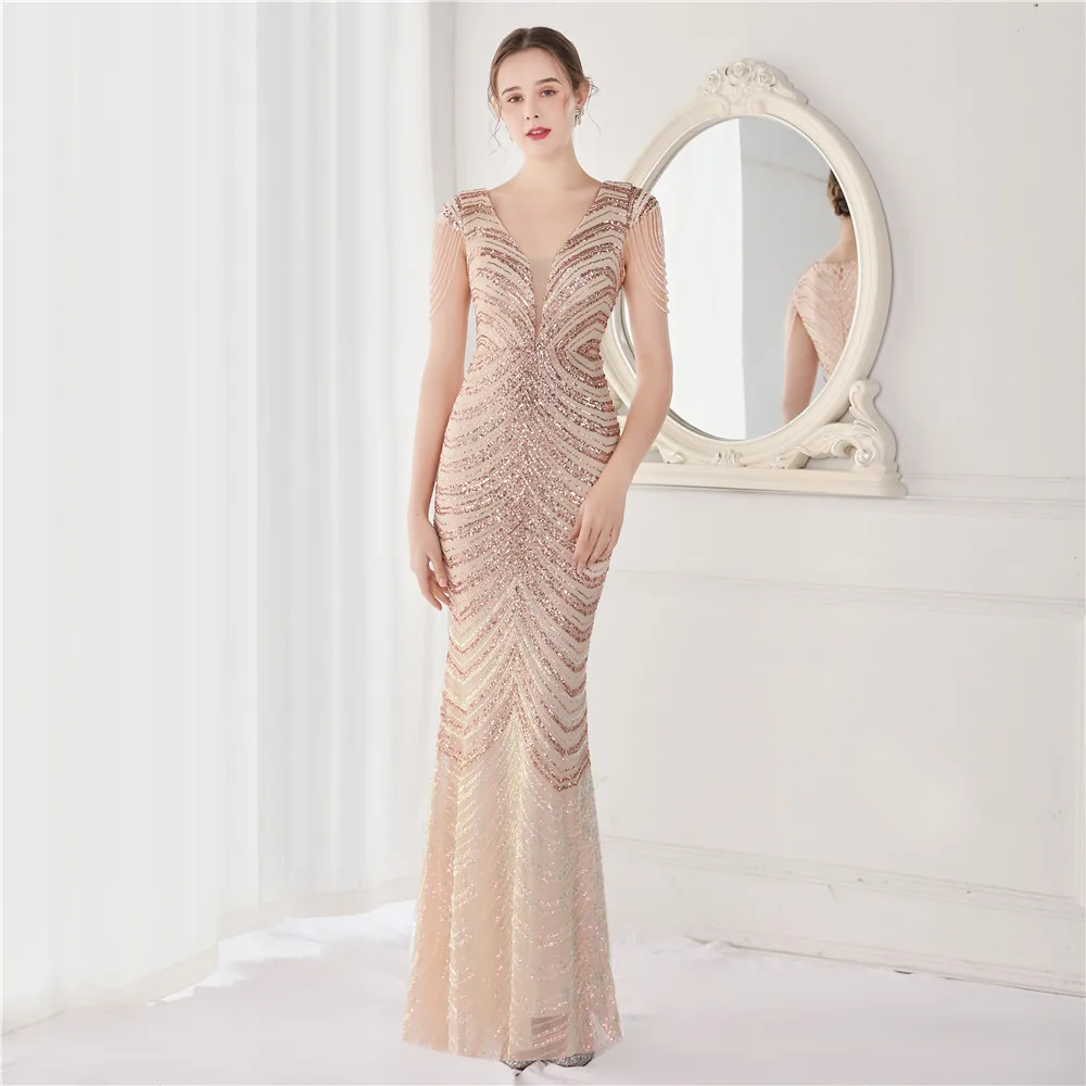 DEERVEADO Elegant V Neck Mermaid Evening Dress Long Luxury Beads Women Prom Party Dresses Formal Occasion Dress 19085