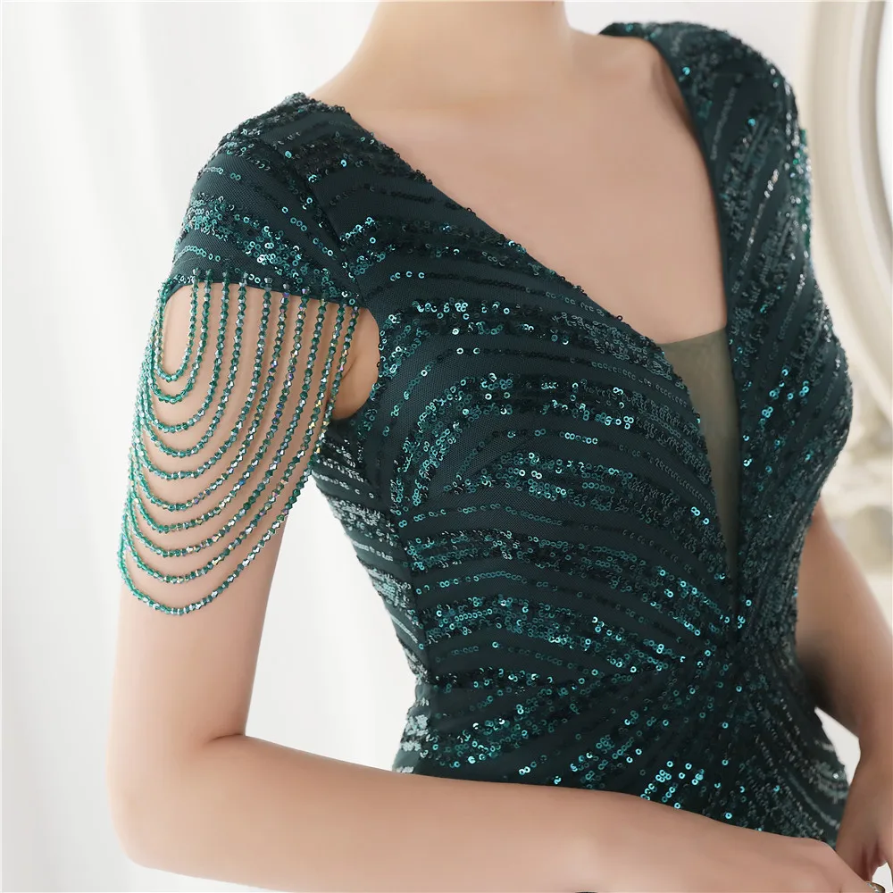 DEERVEADO Elegant V Neck Mermaid Evening Dress Long Luxury Beads Women Prom Party Dresses Formal Occasion Dress 19085