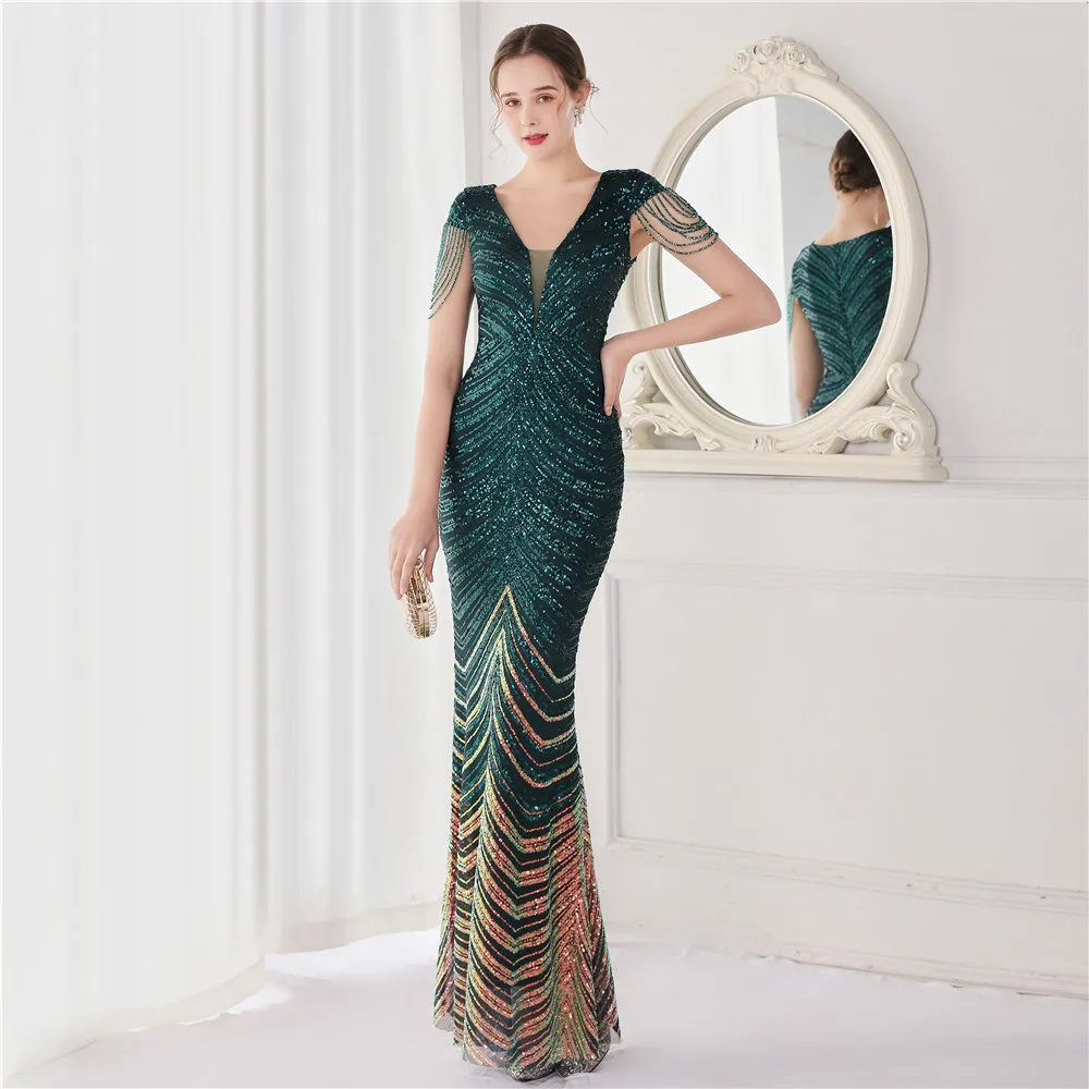 DEERVEADO Elegant V Neck Mermaid Evening Dress Long Luxury Beads Women Prom Party Dresses Formal Occasion Dress 19085