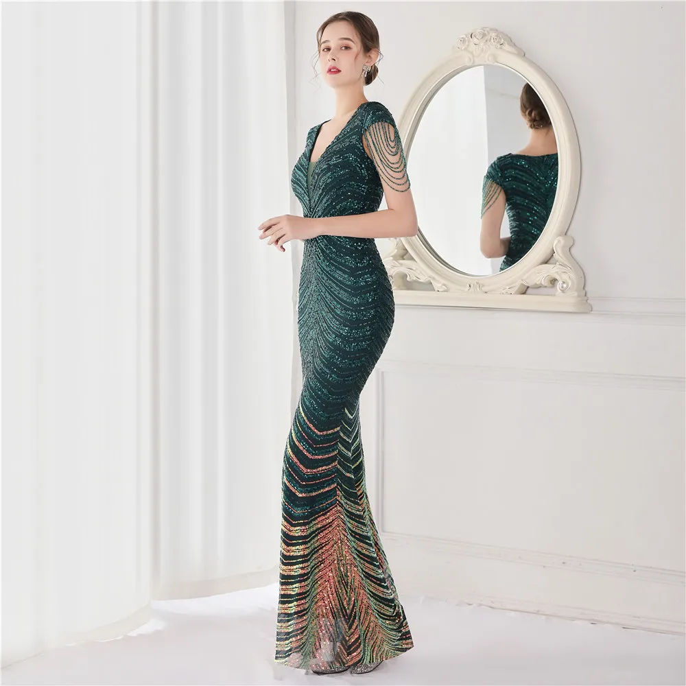 DEERVEADO Elegant V Neck Mermaid Evening Dress Long Luxury Beads Women Prom Party Dresses Formal Occasion Dress 19085