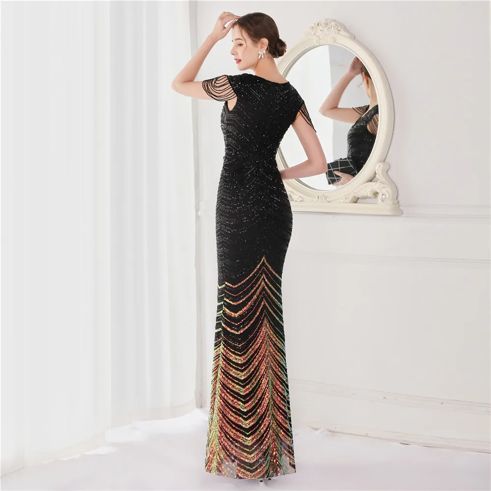 DEERVEADO Elegant V Neck Mermaid Evening Dress Long Luxury Beads Women Prom Party Dresses Formal Occasion Dress 19085