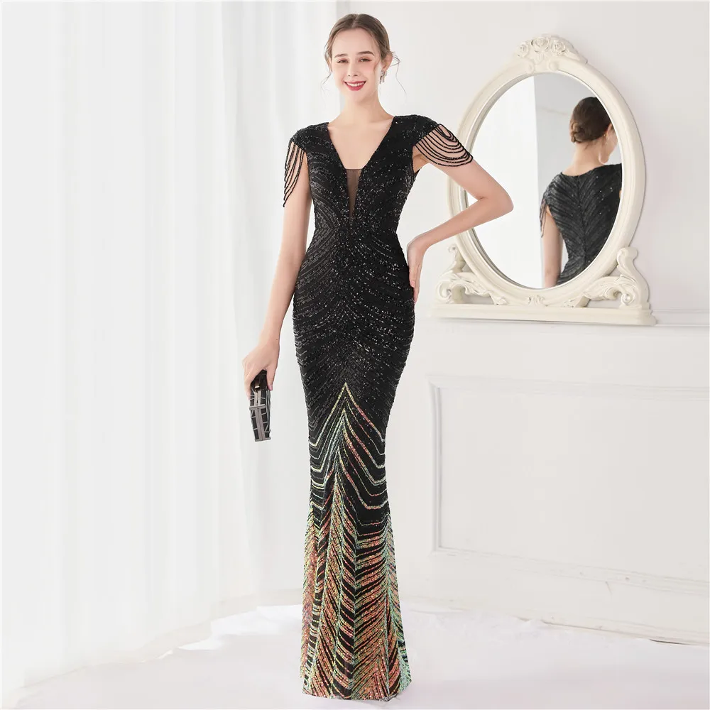 DEERVEADO Elegant V Neck Mermaid Evening Dress Long Luxury Beads Women Prom Party Dresses Formal Occasion Dress 19085