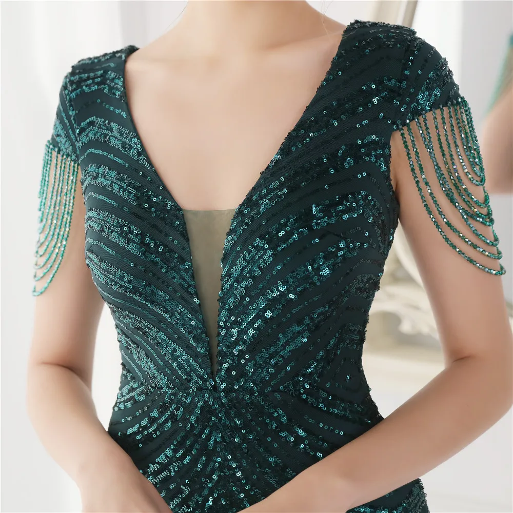 DEERVEADO Elegant V Neck Mermaid Evening Dress Long Luxury Beads Women Prom Party Dresses Formal Occasion Dress 19085