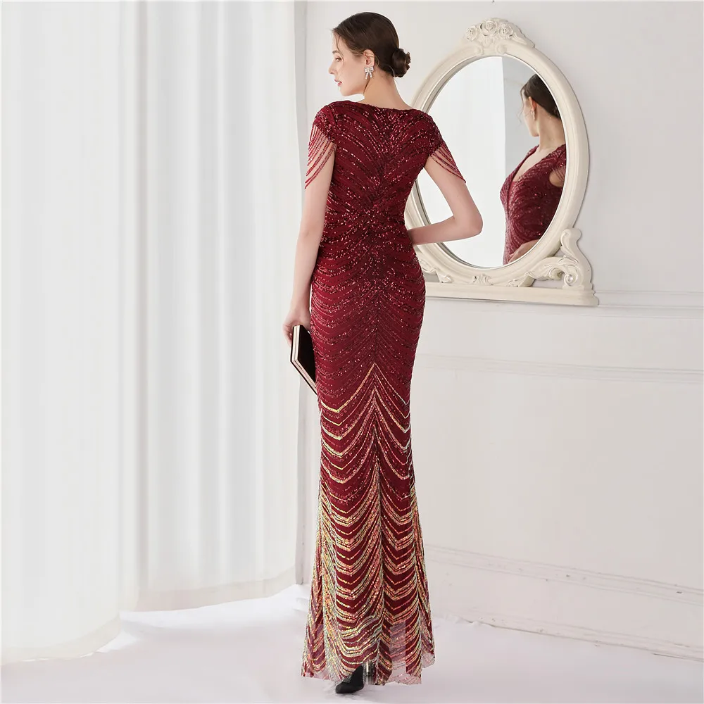 DEERVEADO Elegant V Neck Mermaid Evening Dress Long Luxury Beads Women Prom Party Dresses Formal Occasion Dress 19085