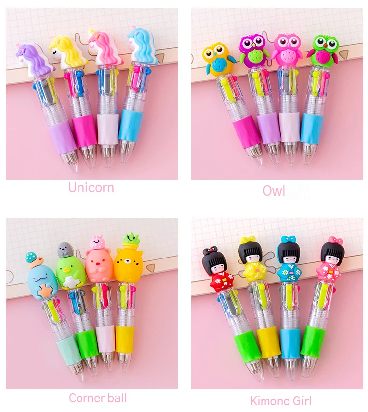 20Pcs/Lot Cute Cartoon 4 Color Mini Ballpoint Pen Kawaii Unicorn Flamingo Retractable Pen Stationery Gift School Office Supplies