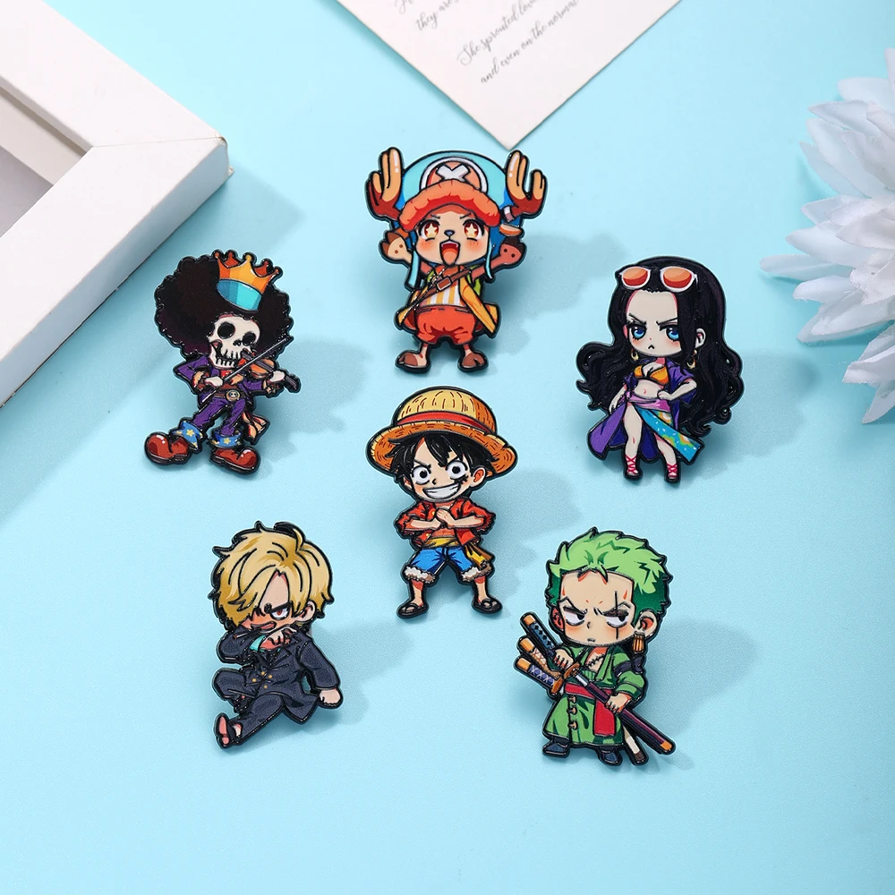 6pcs ONE PIECE Cartoon Character Brooches Set Q Version including Monkey D. Luffy Roronoa Zoro Sanji Brook Gift for Friends