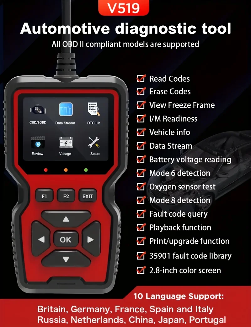 V519 OBD2 Scanner - Handheld Vehicle Inspection and Fault Diagnostic Tester with Live Data, Battery Test