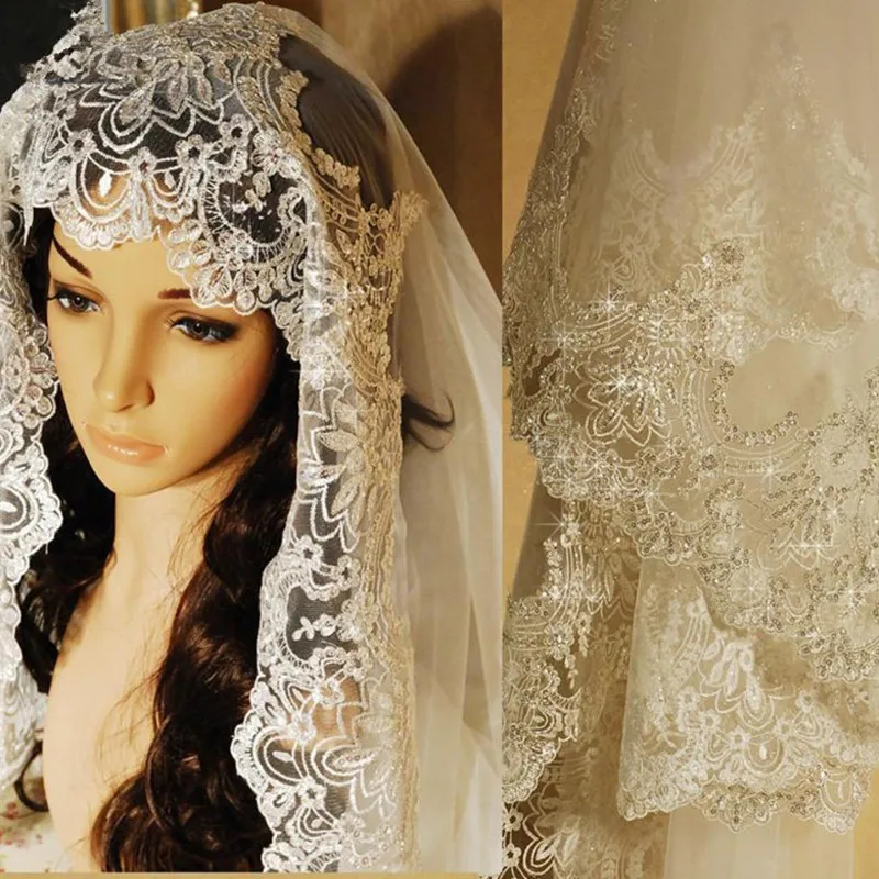 Real Photos White/Ivory Cathedral Wedding Veil 3M One Layer Lace Beads Mantilla Bridal Veils Wedding Accessories Veu De Noiva