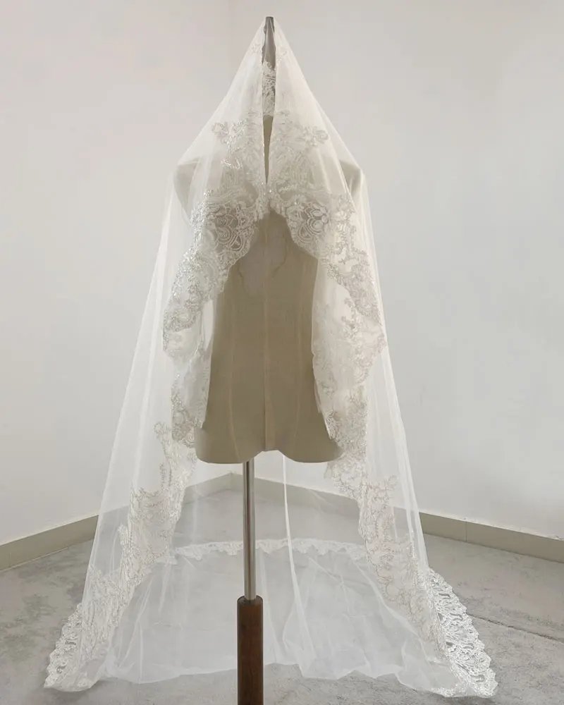 Real Photos White/Ivory Cathedral Wedding Veil 3M One Layer Lace Beads Mantilla Bridal Veils Wedding Accessories Veu De Noiva