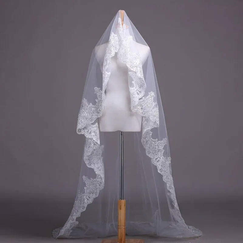 Real Photos White/Ivory Cathedral Wedding Veil 3M One Layer Lace Beads Mantilla Bridal Veils Wedding Accessories Veu De Noiva