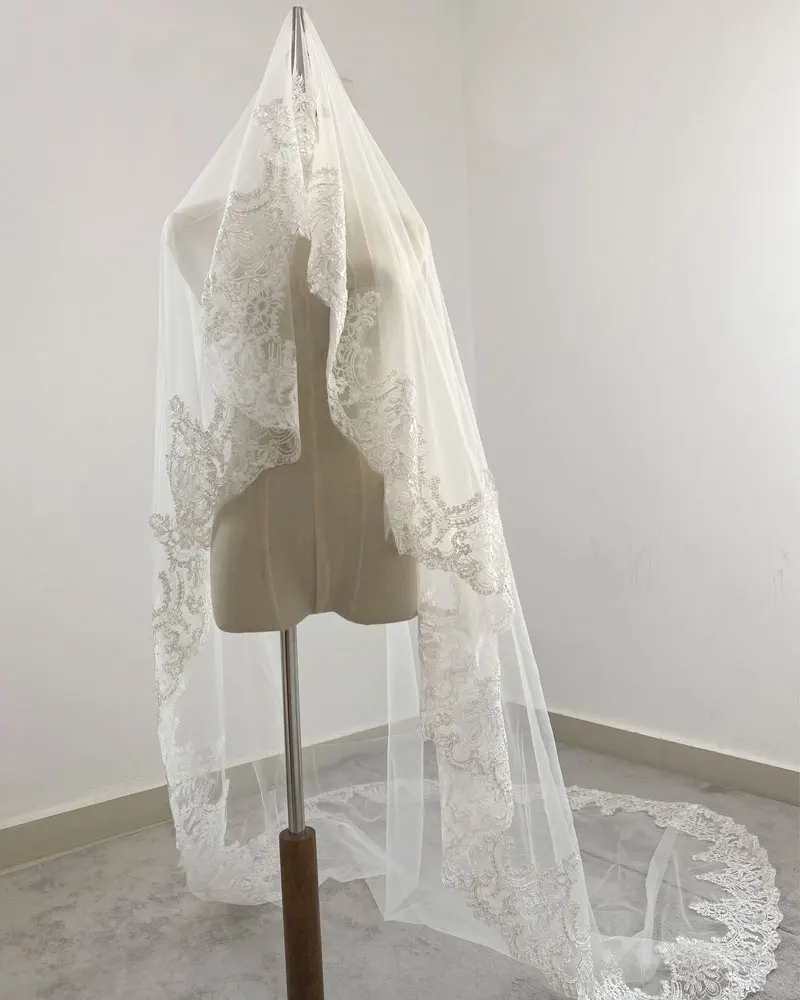 Real Photos White/Ivory Cathedral Wedding Veil 3M One Layer Lace Beads Mantilla Bridal Veils Wedding Accessories Veu De Noiva