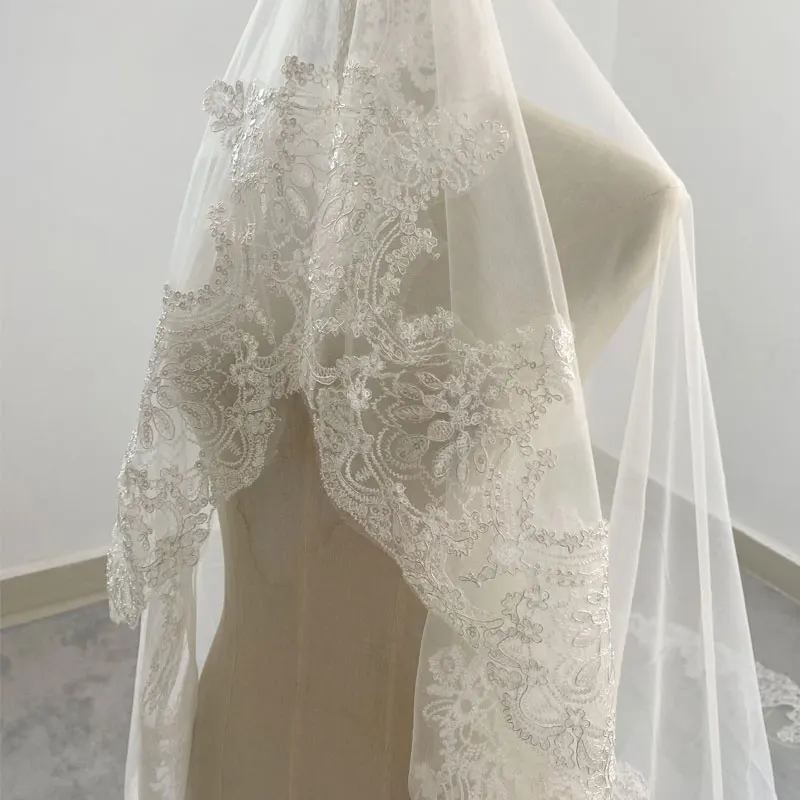 Real Photos White/Ivory Cathedral Wedding Veil 3M One Layer Lace Beads Mantilla Bridal Veils Wedding Accessories Veu De Noiva