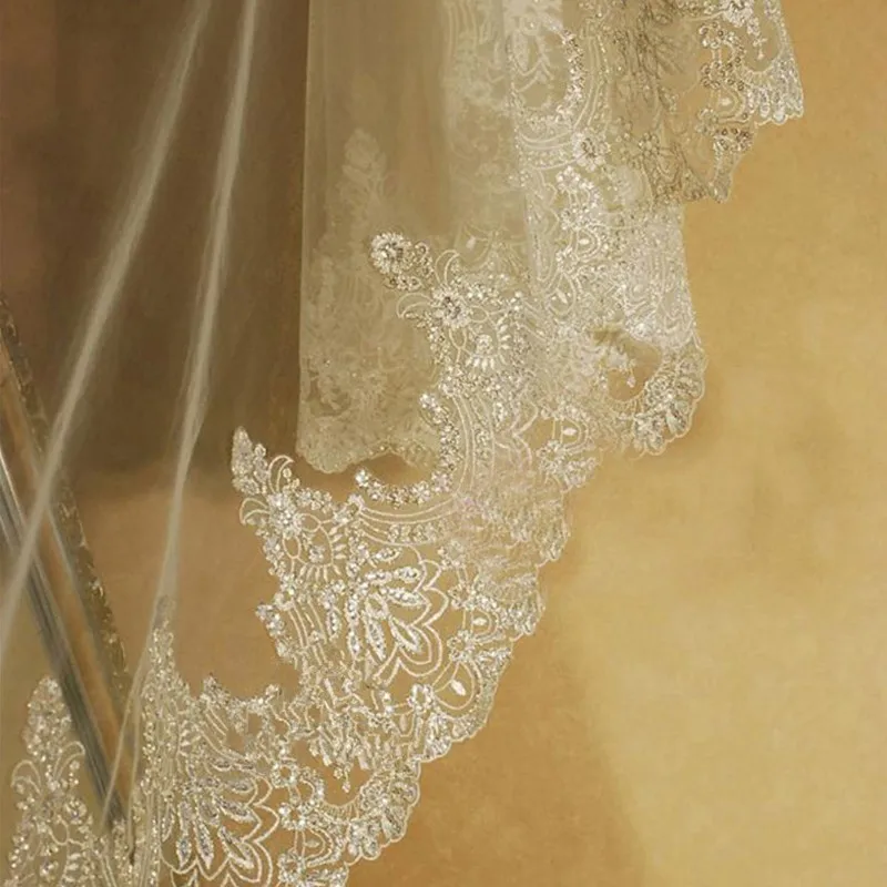Real Photos White/Ivory Cathedral Wedding Veil 3M One Layer Lace Beads Mantilla Bridal Veils Wedding Accessories Veu De Noiva