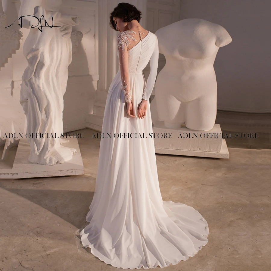 ADLN Asymmetric Chiffon Beach Wedding Dresses Side Slit Long Sleeves Boho Bride Dress Custom Made Gown Robe de Mariage
