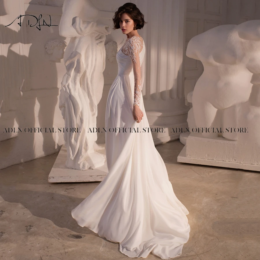 ADLN Asymmetric Chiffon Beach Wedding Dresses Side Slit Long Sleeves Boho Bride Dress Custom Made Gown Robe de Mariage