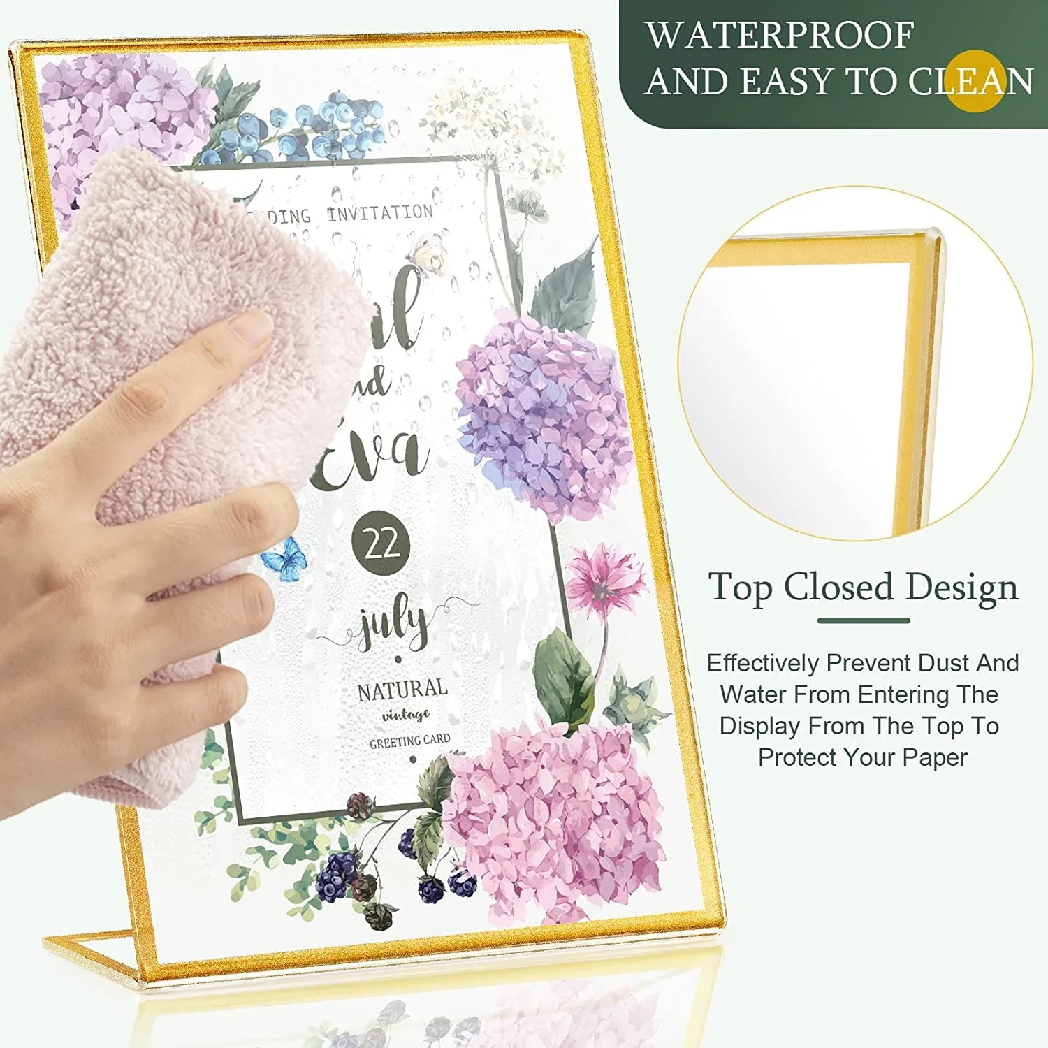 Gold Borders Acrylic Sign Holder Picture Frame Display Stand Clear Paper Holder Table Menu Stands for Wedding Office Restaurant