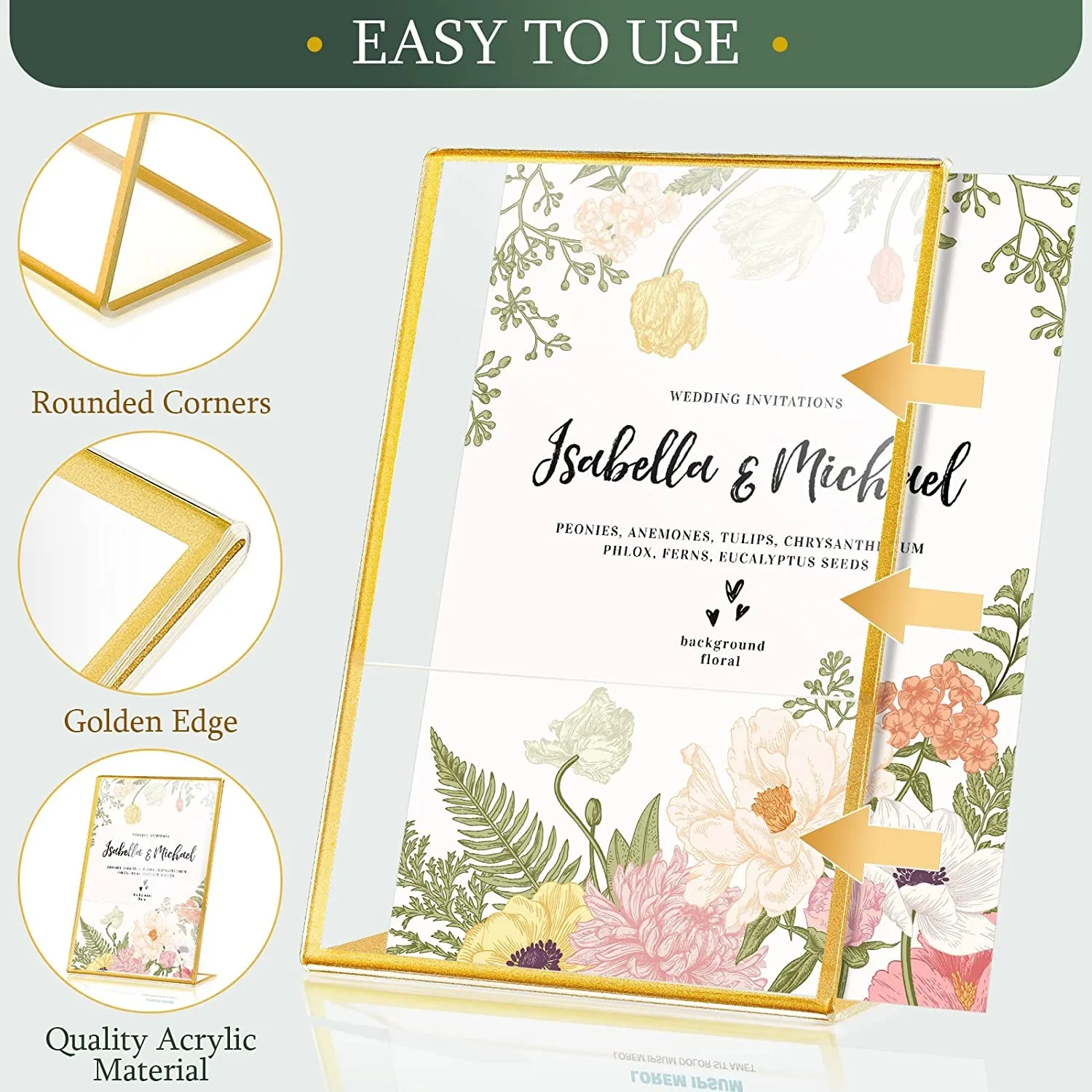 Gold Borders Acrylic Sign Holder Picture Frame Display Stand Clear Paper Holder Table Menu Stands for Wedding Office Restaurant