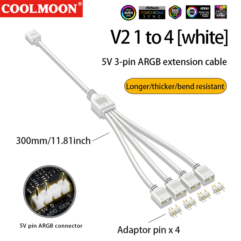 COOLMOON ARGB SYNC Splitter 5V 3 Pin 1 to 2/3/4 30CM Mainboard ARGB Extension Cable with Protective Cap for Computer Chassis