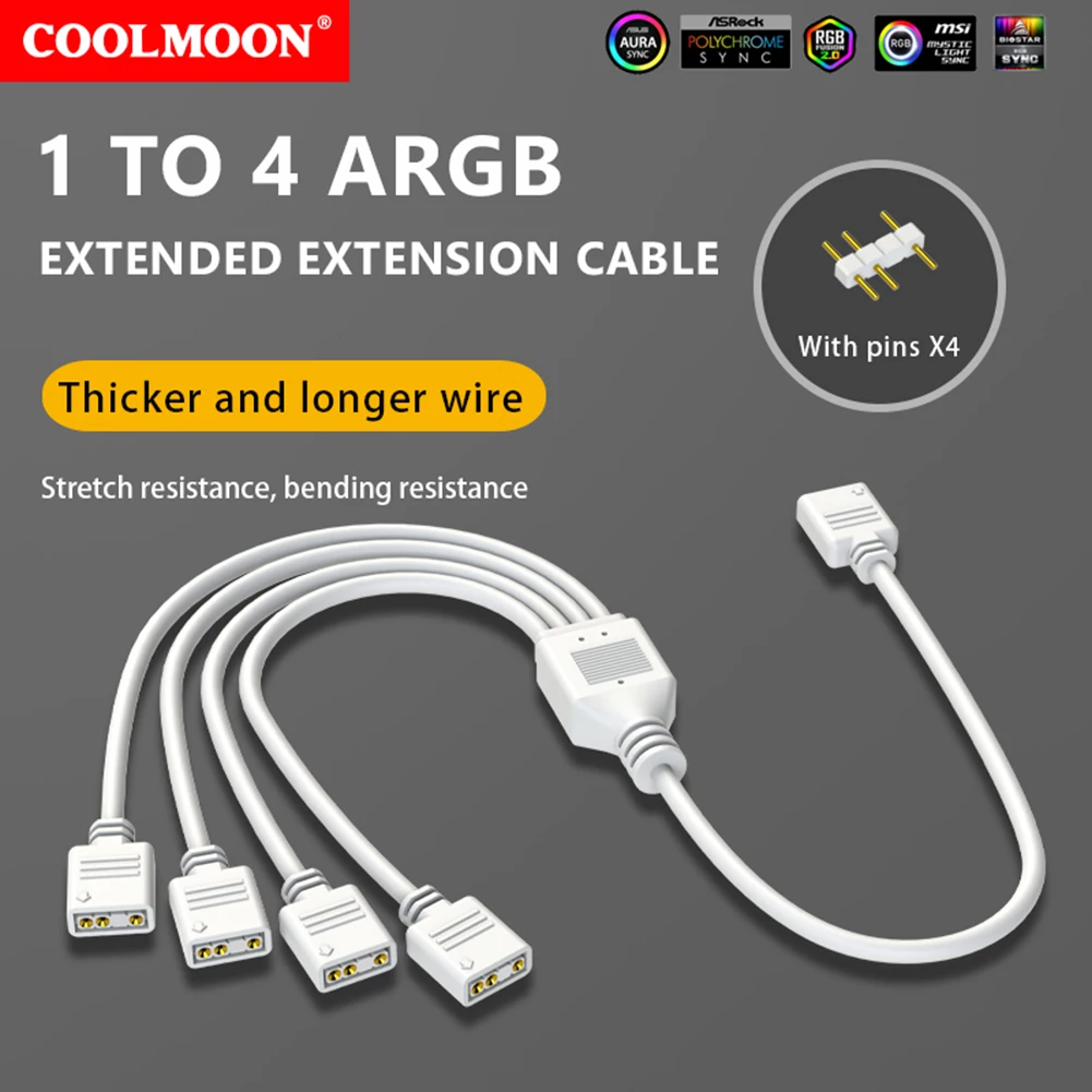 COOLMOON ARGB SYNC Splitter 5V 3 Pin 1 to 2/3/4 30CM Mainboard ARGB Extension Cable with Protective Cap for Computer Chassis