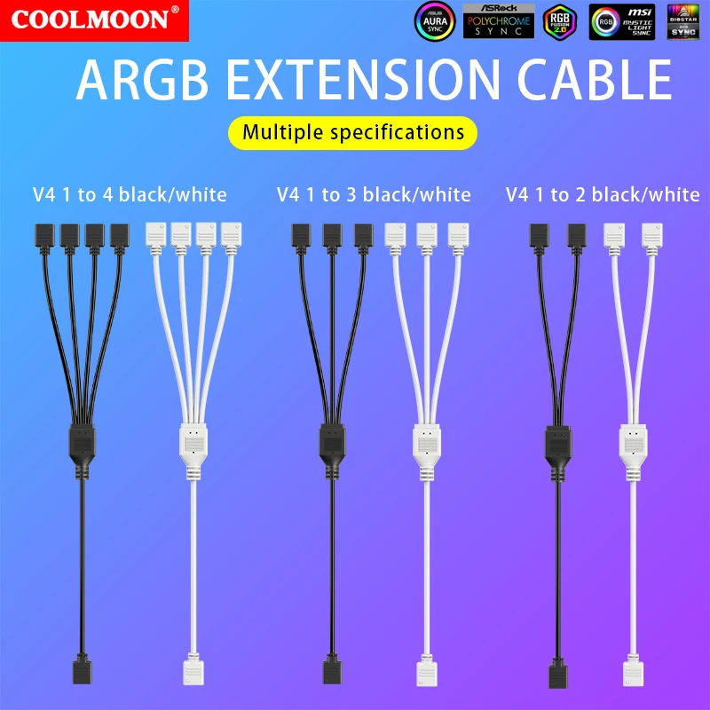 COOLMOON ARGB SYNC Splitter 5V 3 Pin 1 to 2/3/4 30CM Mainboard ARGB Extension Cable with Protective Cap for Computer Chassis