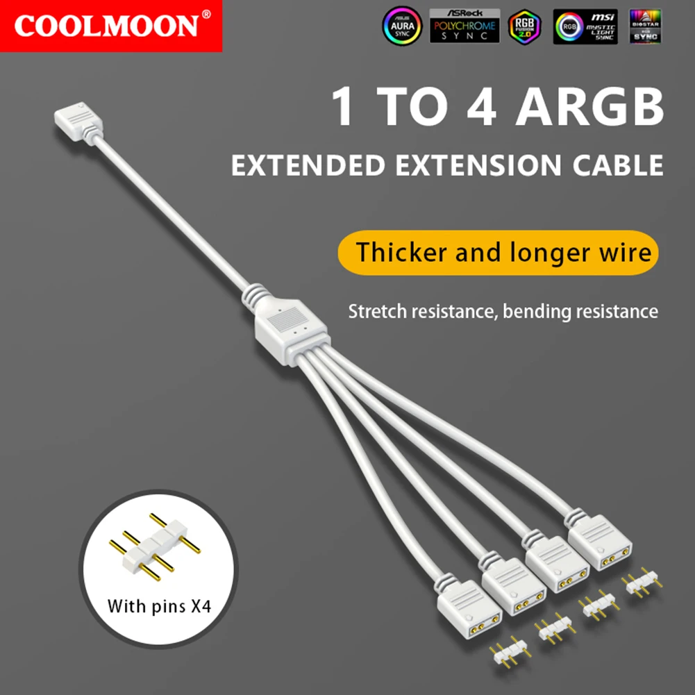COOLMOON ARGB SYNC Splitter 5V 3 Pin 1 to 2/3/4 30CM Mainboard ARGB Extension Cable with Protective Cap for Computer Chassis