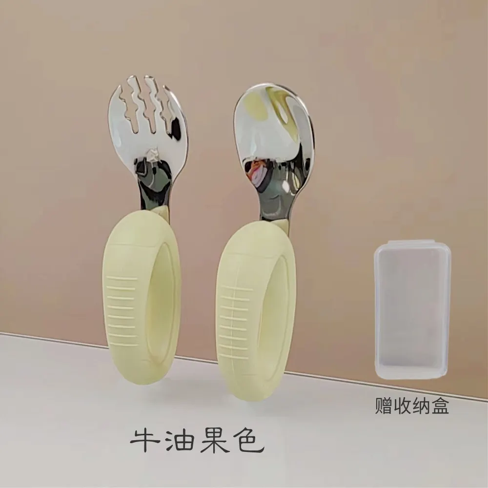 New Training Easy to Grip Short Handle Baby Stainless Steel Fork Spoon Set with Silicone Tips for Toddlers Learning Molars