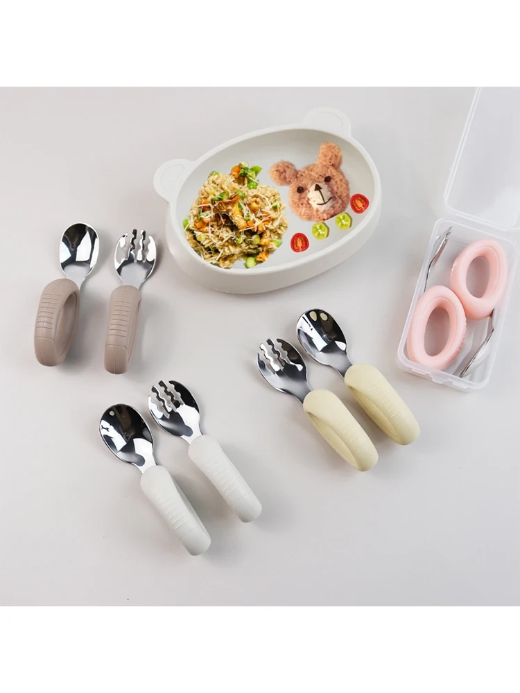New Training Easy to Grip Short Handle Baby Stainless Steel Fork Spoon Set with Silicone Tips for Toddlers Learning Molars