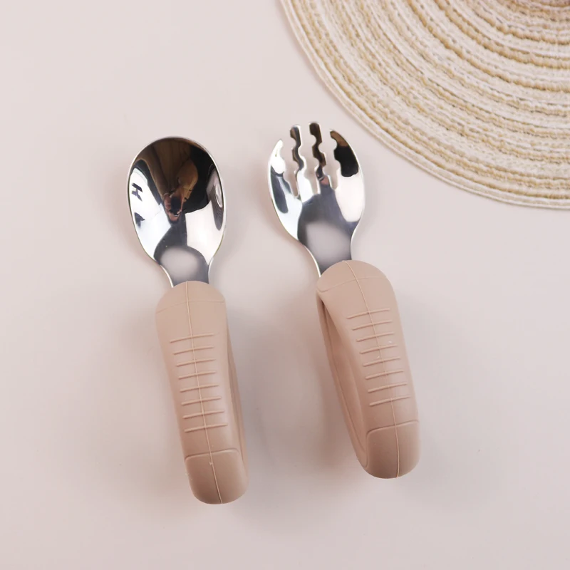 New Training Easy to Grip Short Handle Baby Stainless Steel Fork Spoon Set with Silicone Tips for Toddlers Learning Molars