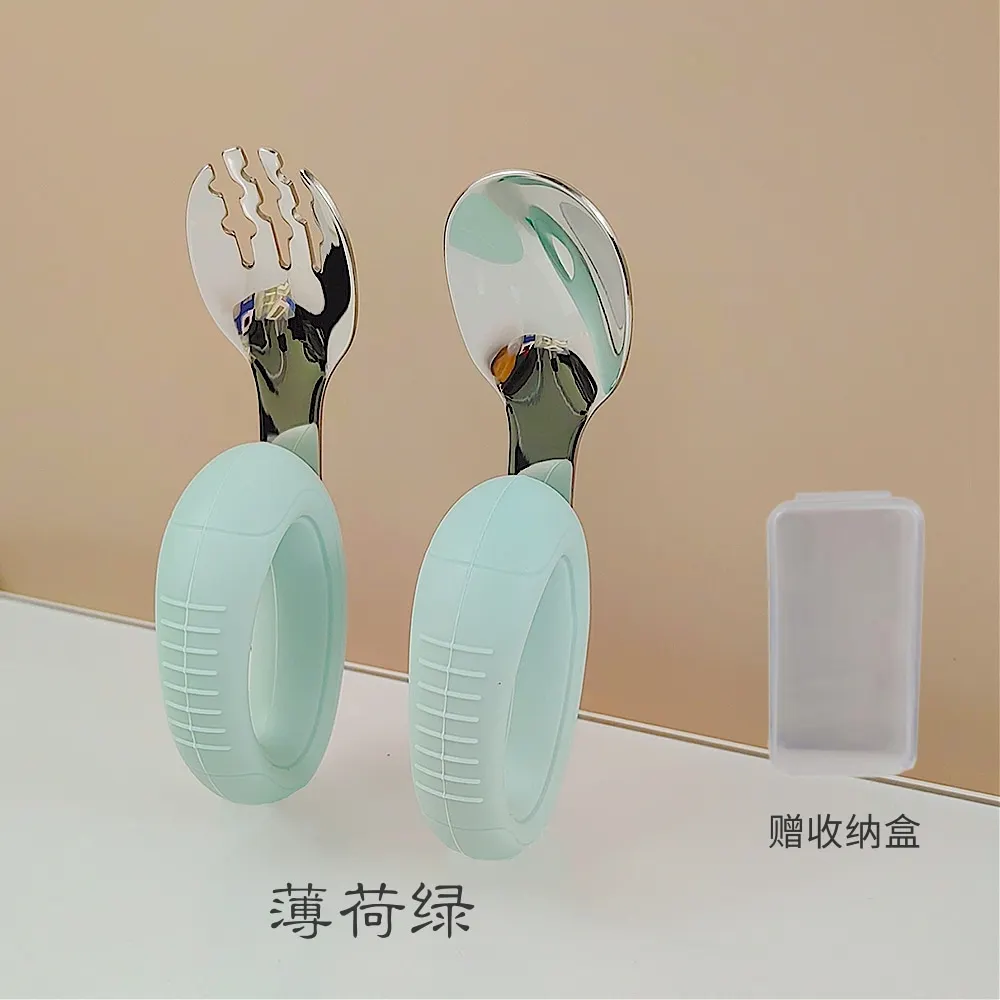New Training Easy to Grip Short Handle Baby Stainless Steel Fork Spoon Set with Silicone Tips for Toddlers Learning Molars