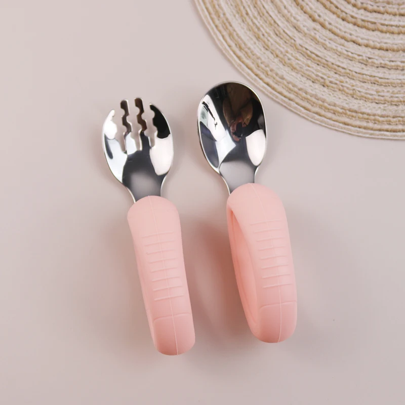 New Training Easy to Grip Short Handle Baby Stainless Steel Fork Spoon Set with Silicone Tips for Toddlers Learning Molars