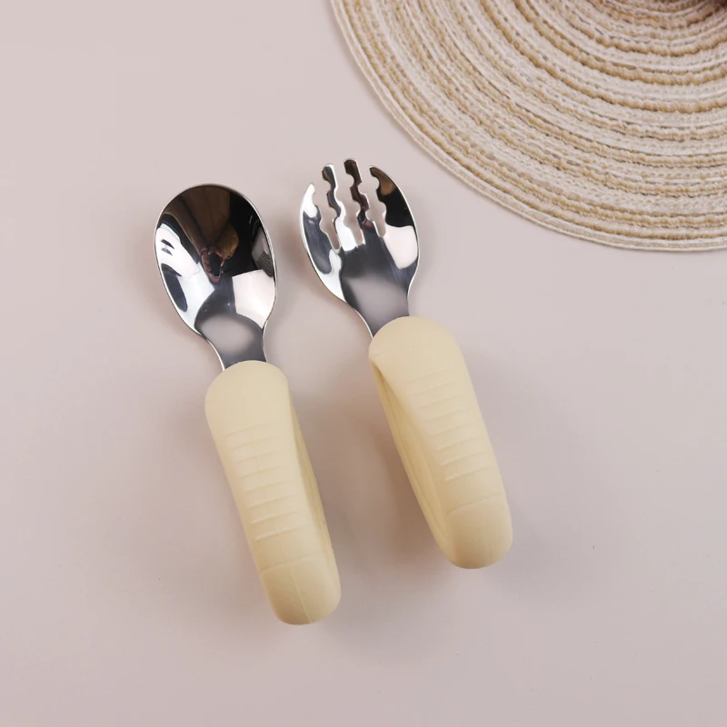 New Training Easy to Grip Short Handle Baby Stainless Steel Fork Spoon Set with Silicone Tips for Toddlers Learning Molars