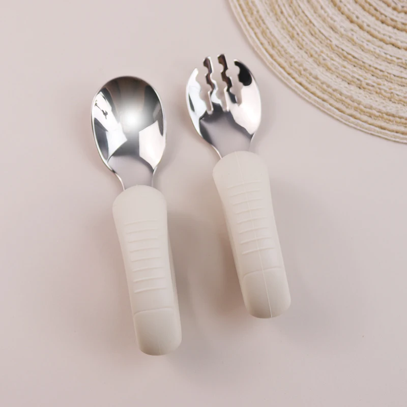 New Training Easy to Grip Short Handle Baby Stainless Steel Fork Spoon Set with Silicone Tips for Toddlers Learning Molars