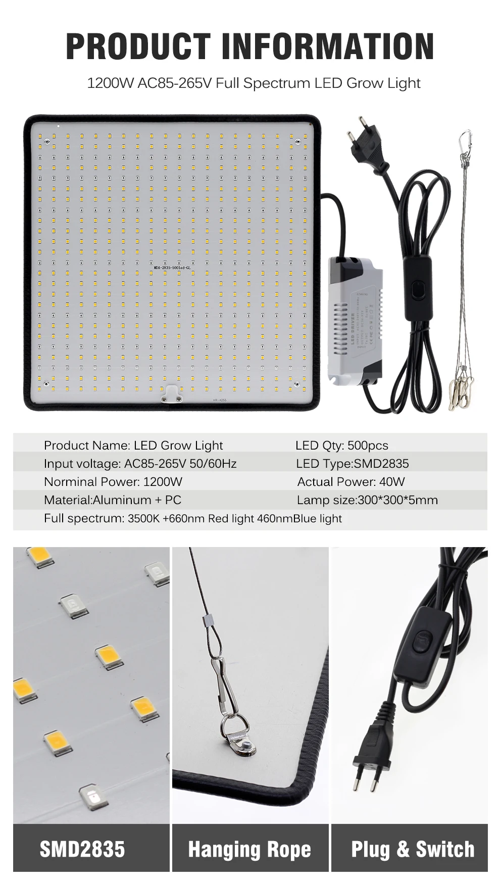 LED Grow Light Full Spectrum Phyto Lamp AC85-240V 40W For Indoor Grow Tent Plants Growth Light