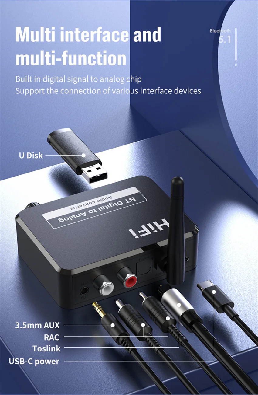 Digital to Analog Audio DAC Converter Adapter Digital SPDIF Optical Toslink to 3.5mm 3.5 AUX Jack RCA L/R Bluetooth 5.0 Receiver