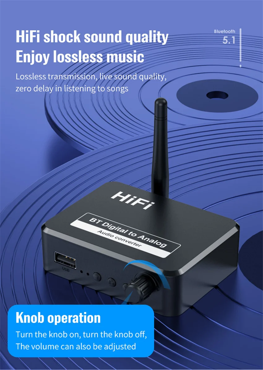 Digital to Analog Audio DAC Converter Adapter Digital SPDIF Optical Toslink to 3.5mm 3.5 AUX Jack RCA L/R Bluetooth 5.0 Receiver