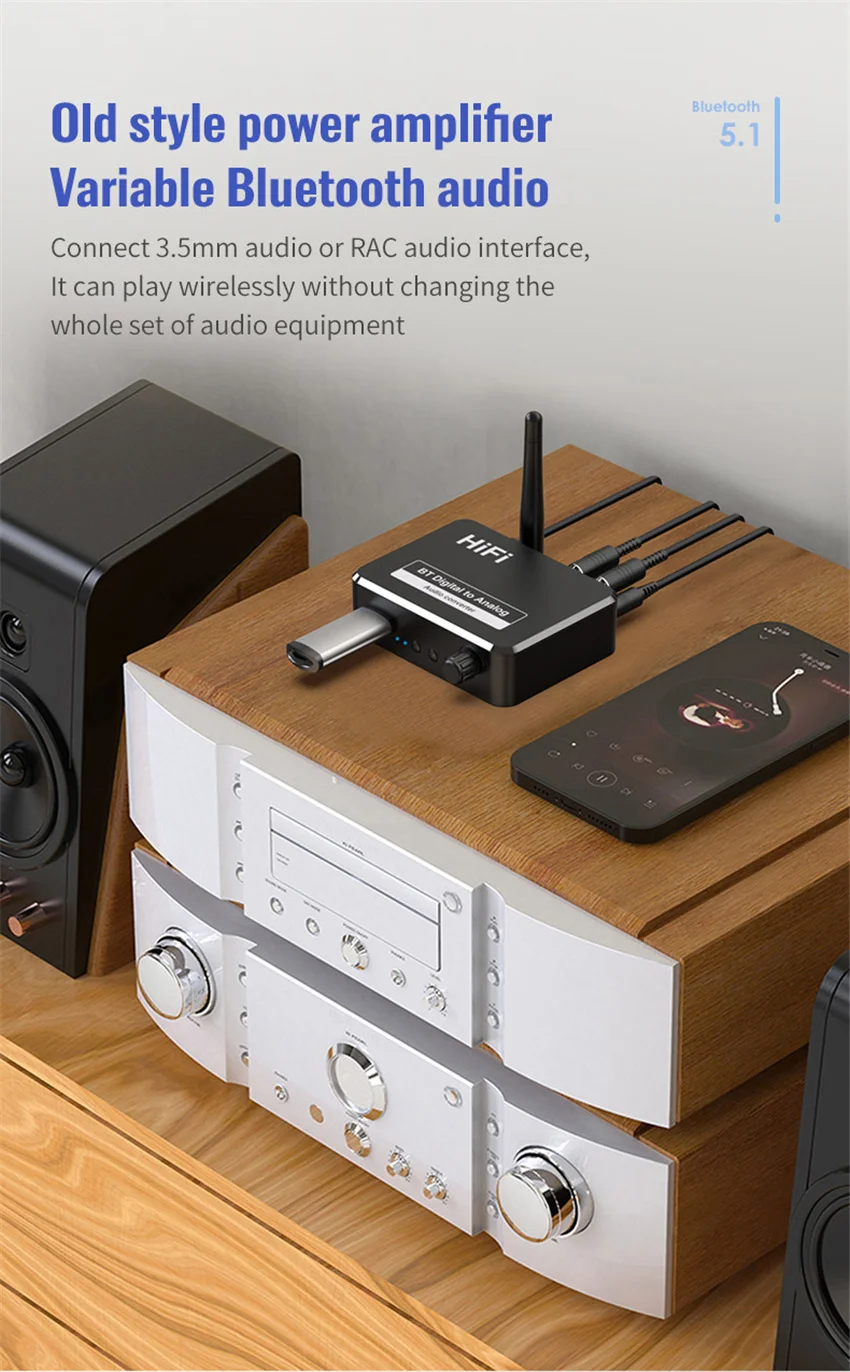 Digital to Analog Audio DAC Converter Adapter Digital SPDIF Optical Toslink to 3.5mm 3.5 AUX Jack RCA L/R Bluetooth 5.0 Receiver