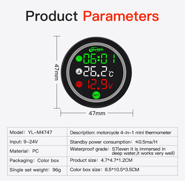 Motorcycle Painel Digital Moto Universal Temperature Clock Mini Full Screen Thermometer 4 in 1 Touch Screen Meter