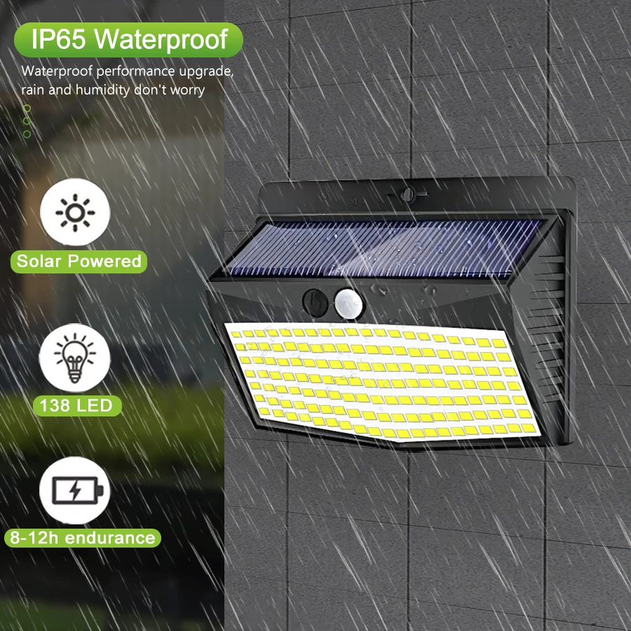 138 LED Solar Light Outdoor Solar Wall Lamp Human Body Sensor 3 Mode Waterproof Garden Decor Street Lights Sunlight Powered