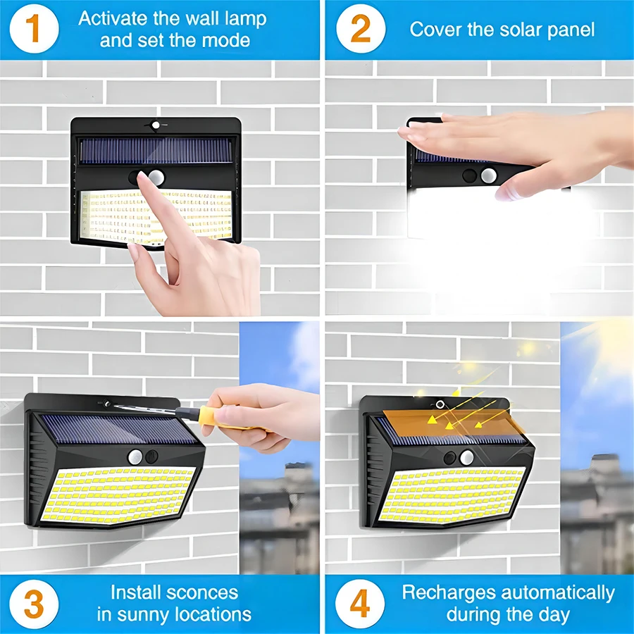 138 LED Solar Light Outdoor Solar Wall Lamp Human Body Sensor 3 Mode Waterproof Garden Decor Street Lights Sunlight Powered