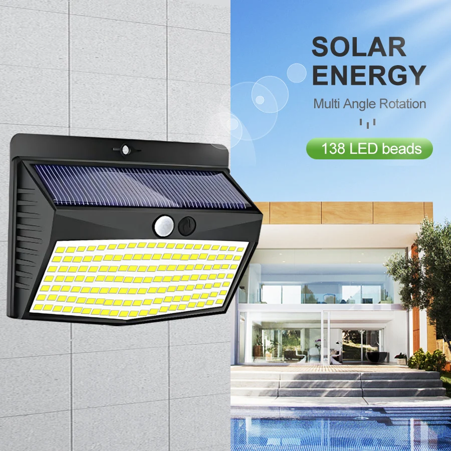 138 LED Solar Light Outdoor Solar Wall Lamp Human Body Sensor 3 Mode Waterproof Garden Decor Street Lights Sunlight Powered
